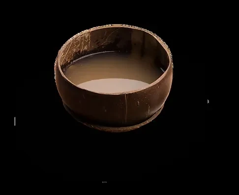 Dark brown coconut bowl filled with light creamy liquid.