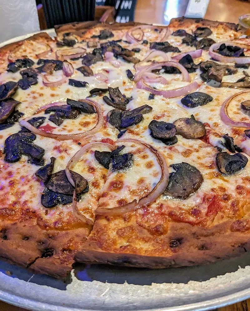 Well-baked pizza with mozzarella, mushrooms, red onion, and a missing slice.