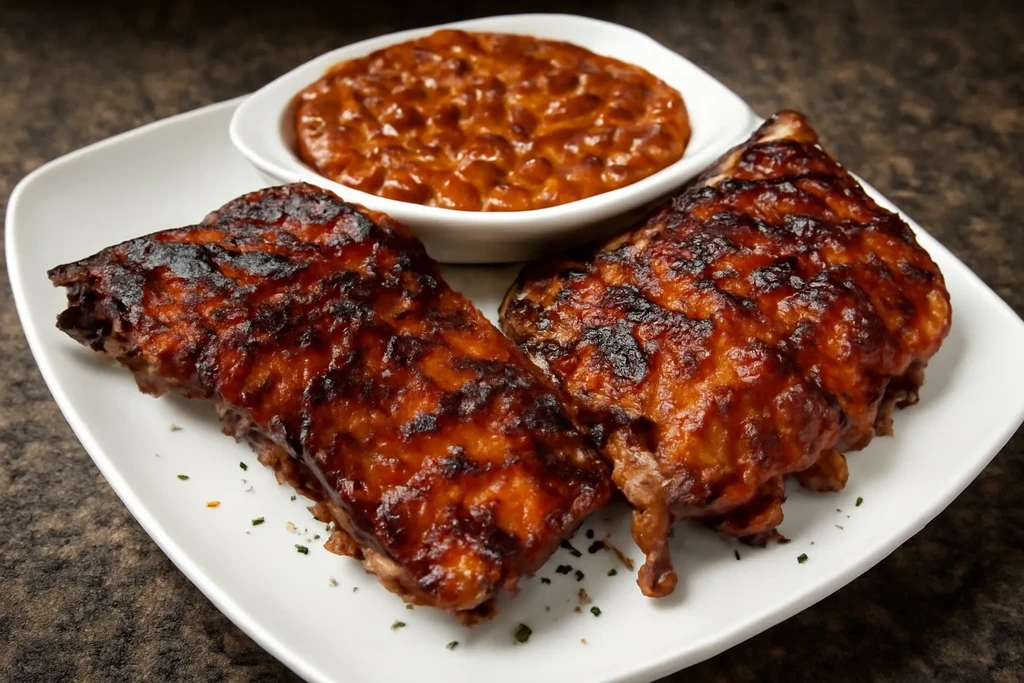 Barbecued ribs with baked beans and green herbs on a white plate.