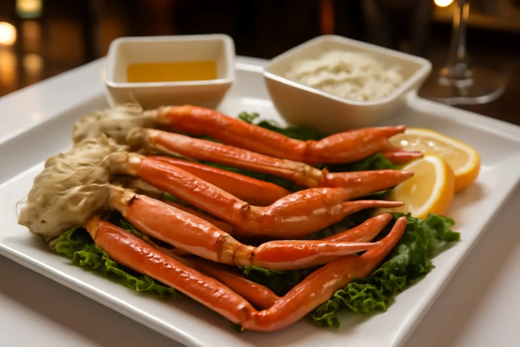 Platter of cooked crab legs on lettuce with butter, dip, and lemons.