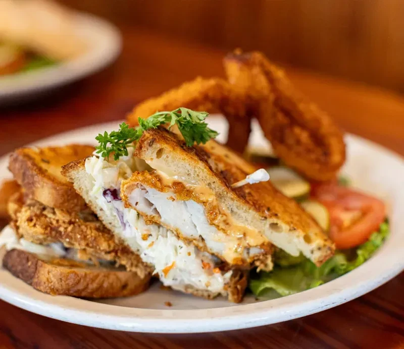Fried fish sandwich with coleslaw, onion rings, dill pickles, and salad.