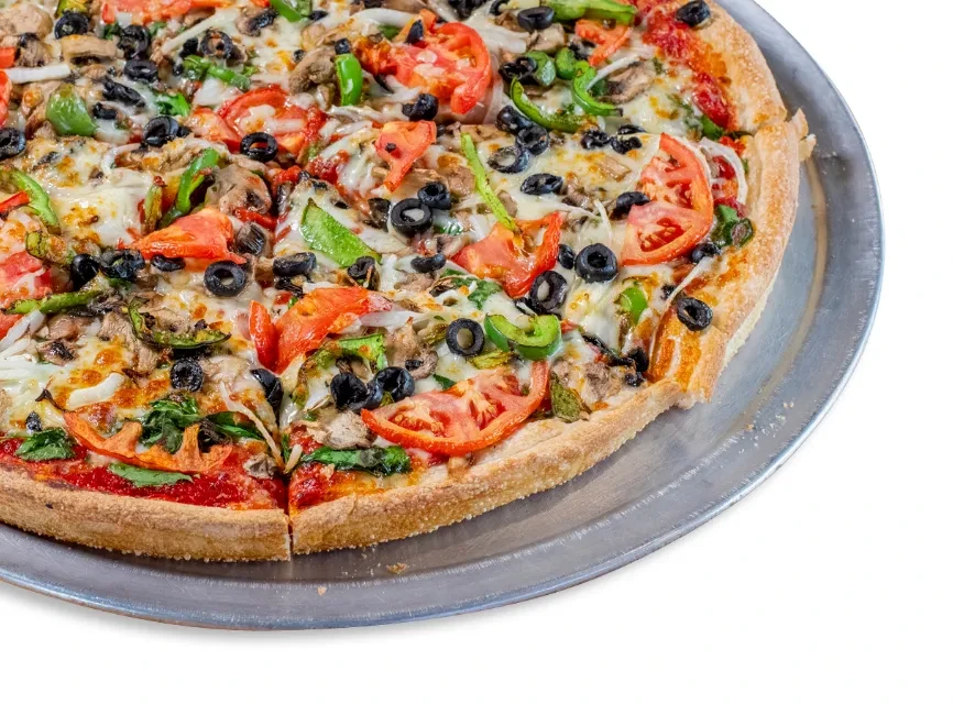Freshly baked vegetable pizza with melted cheese on a metallic pan.