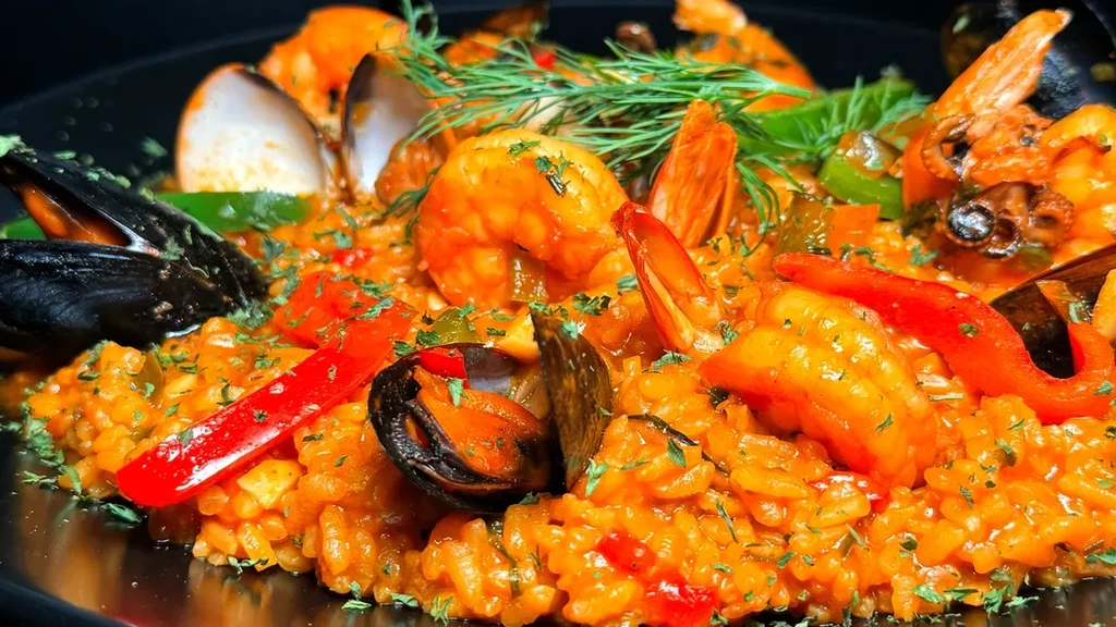 Colorful seafood and rice dish with shrimp, mussels, and peppers.