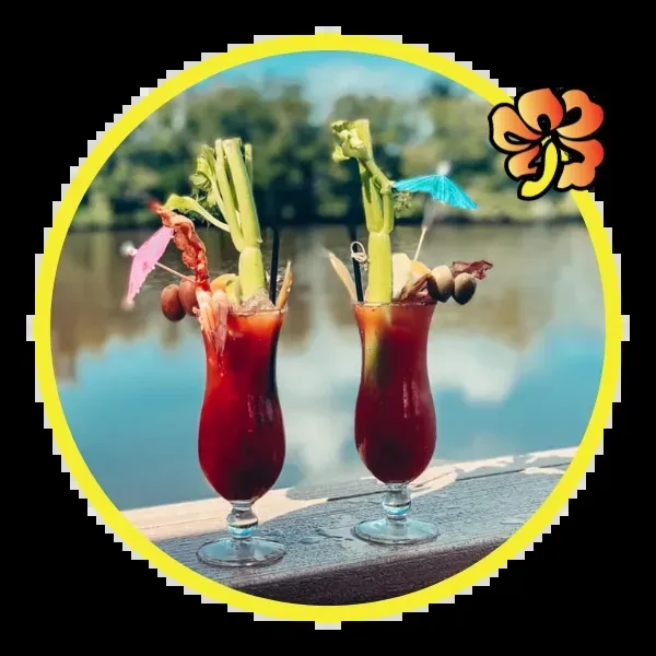 Garnished red cocktails by water, framed by a yellow circle and flower.