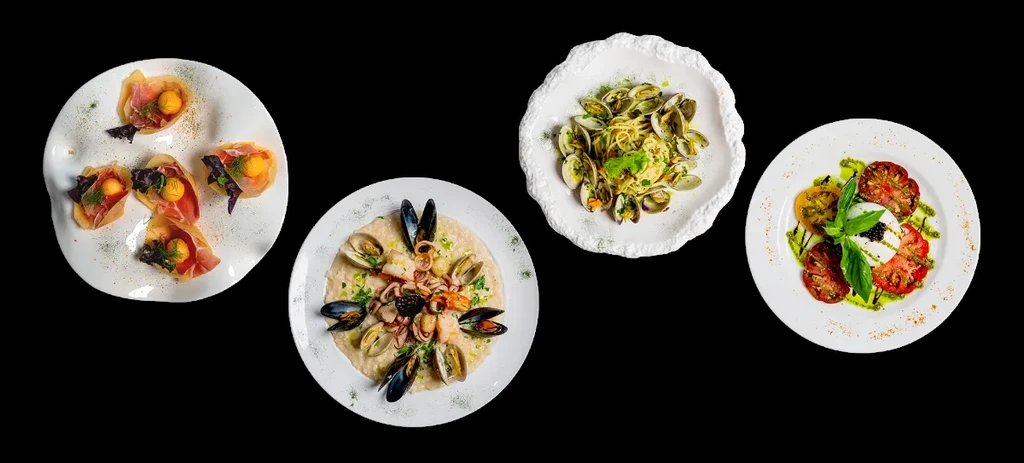 Four elegant Italian dishes on white plates, black background.