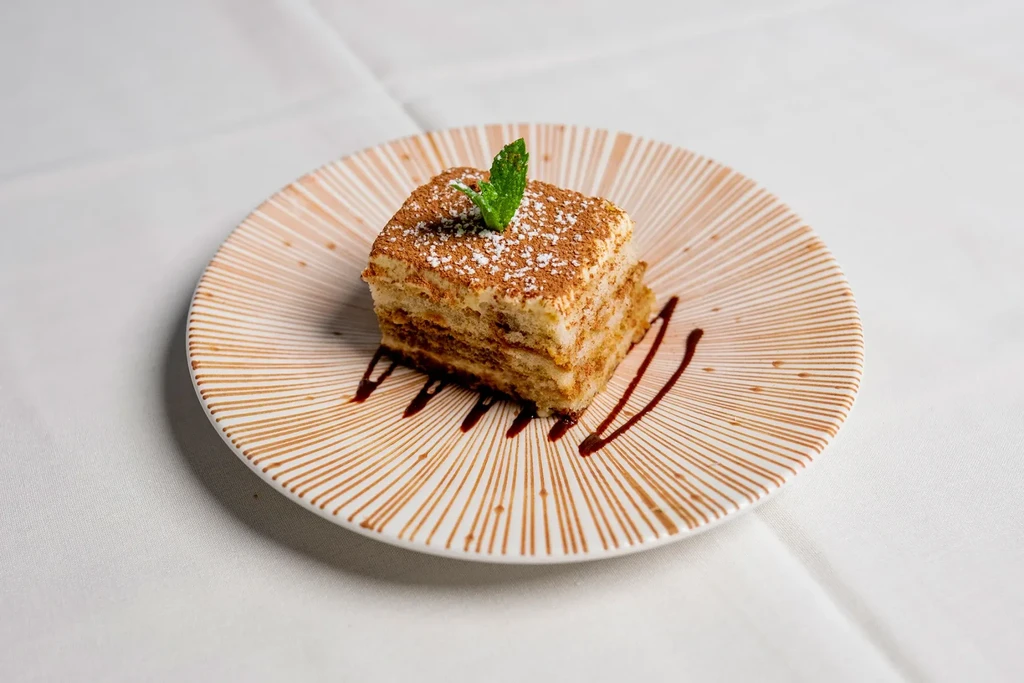 Layered tiramisu slice, cocoa, mint, and chocolate sauce on a plate.