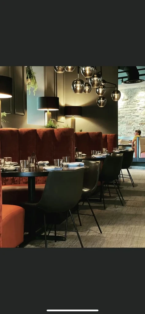 Modern restaurant interior with rust velvet booths and warm spherical lights.