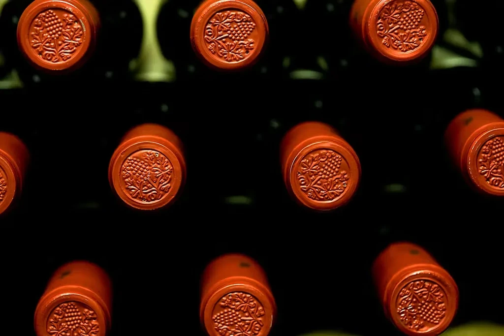 Close-up of reddish-orange wine bottle caps, embossed with grape designs.