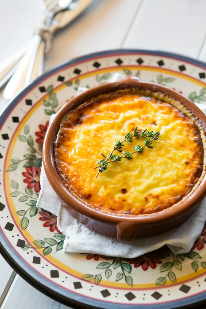 Baked gratin with golden top and herbs in a bowl on patterned plate.