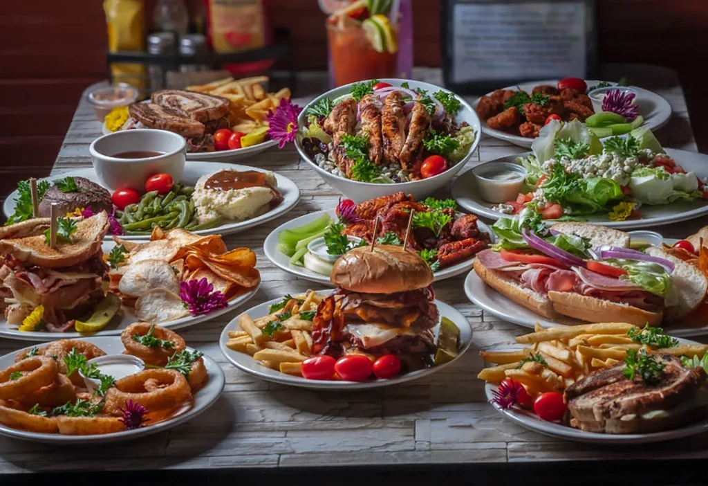 Numerous plates of burgers, sandwiches, salads, steak, and fried chicken.