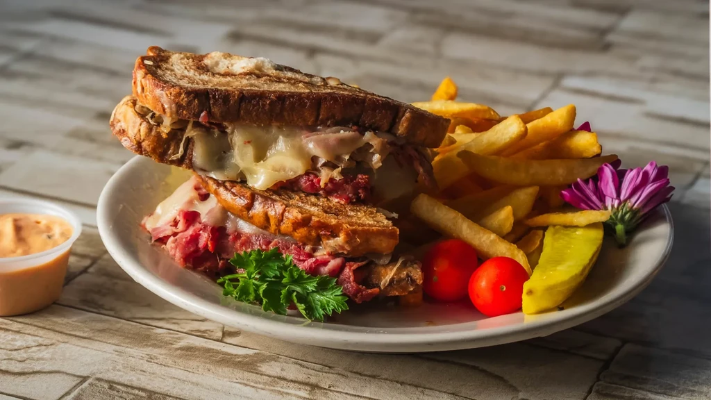 Stacked Reuben sandwich, french fries, and pickle on a plate.