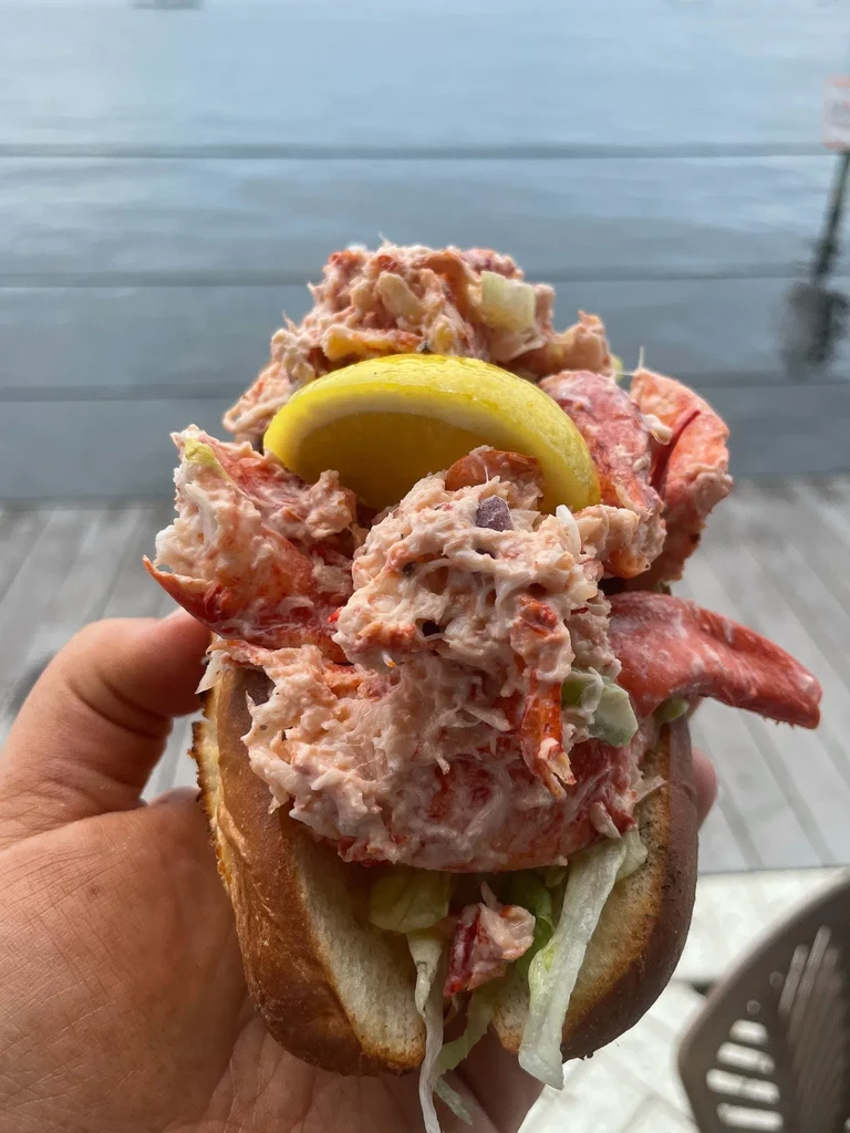 Hand holding an overflowing lobster roll with lemon by water.