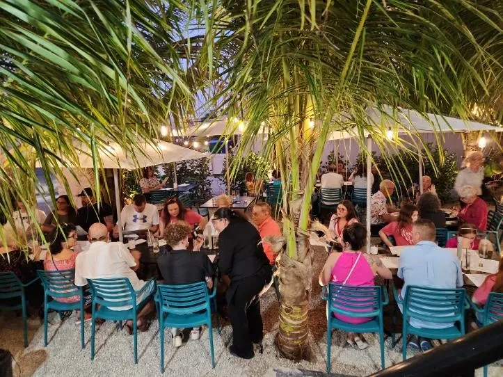 Lively outdoor evening dining area with string lights, palms, and umbrellas.