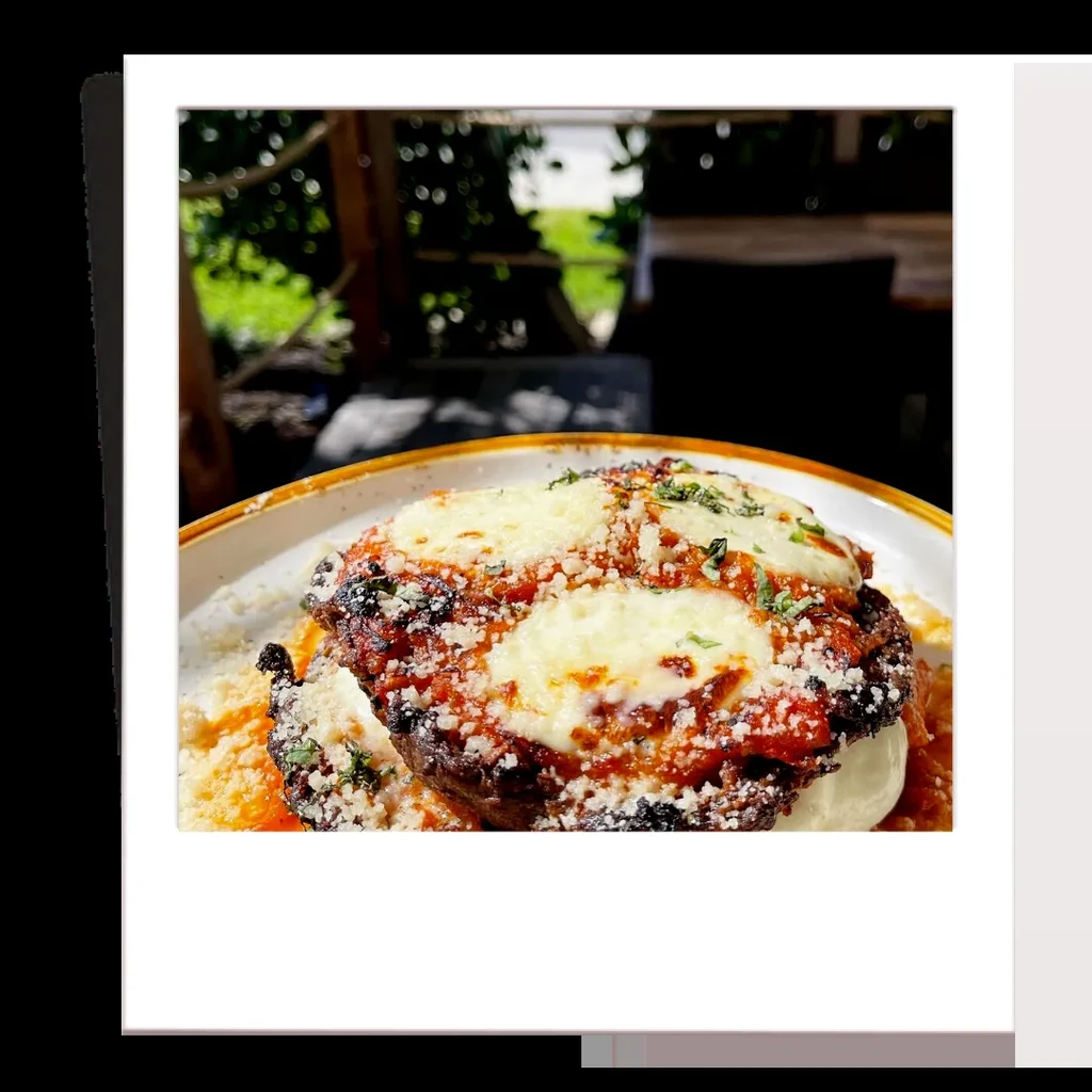 Baked gratin with tomato sauce, melted cheese, herbs, outdoors.