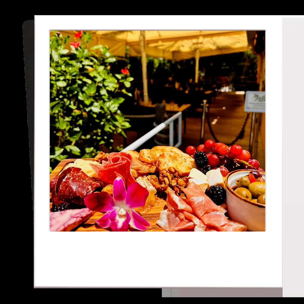 Charcuterie board with meats, cheeses, fruit, olives, and an orchid outdoors.
