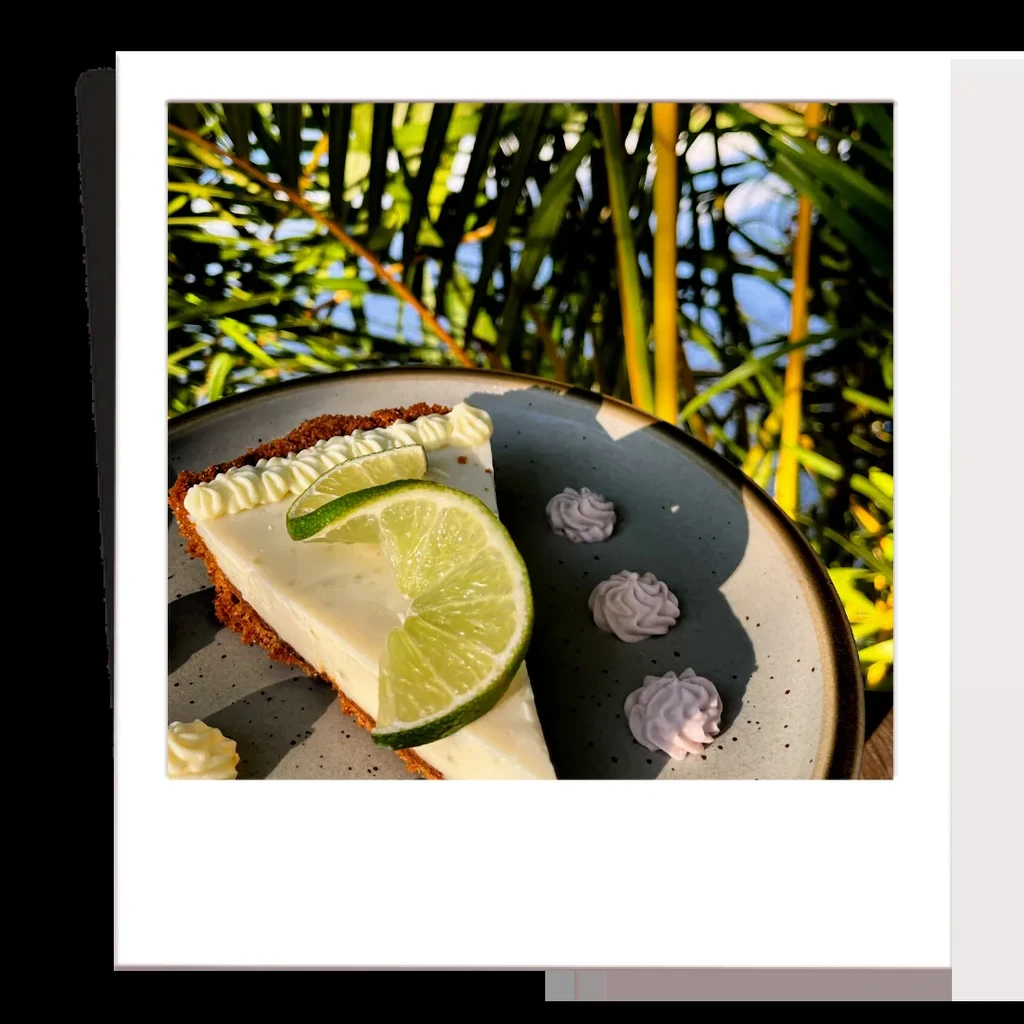 Slice of Key Lime pie with whipped cream, lime, and colorful dollops.