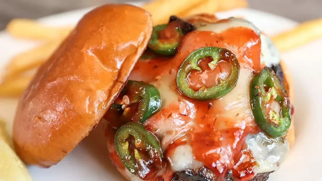 Open-faced burger with melted cheese, spicy sauce, jalapeños, and fries.