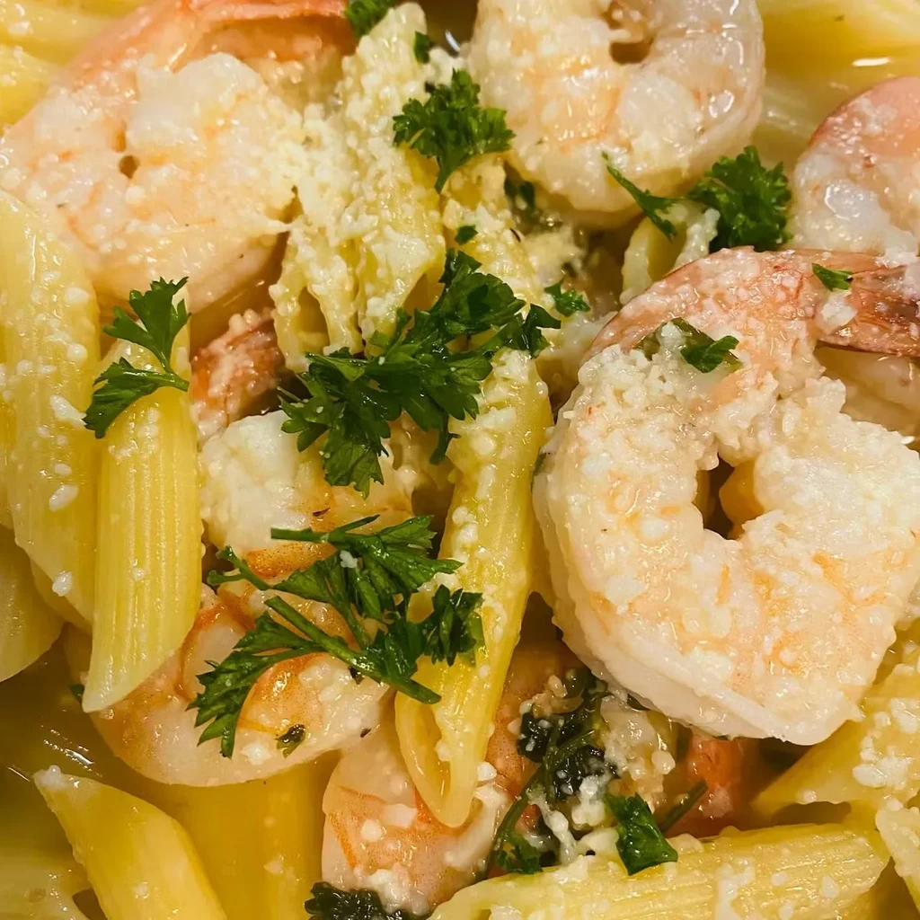 Penne pasta with shrimp, creamy sauce, grated cheese, and fresh parsley.