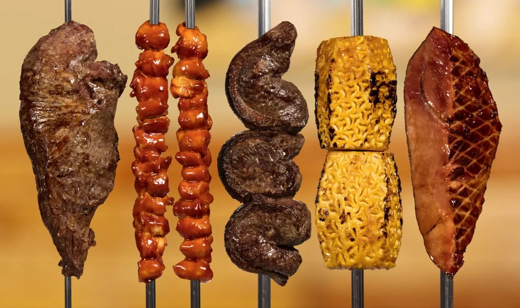 Five skewers of grilled meats, glazed chicken, and pineapple.