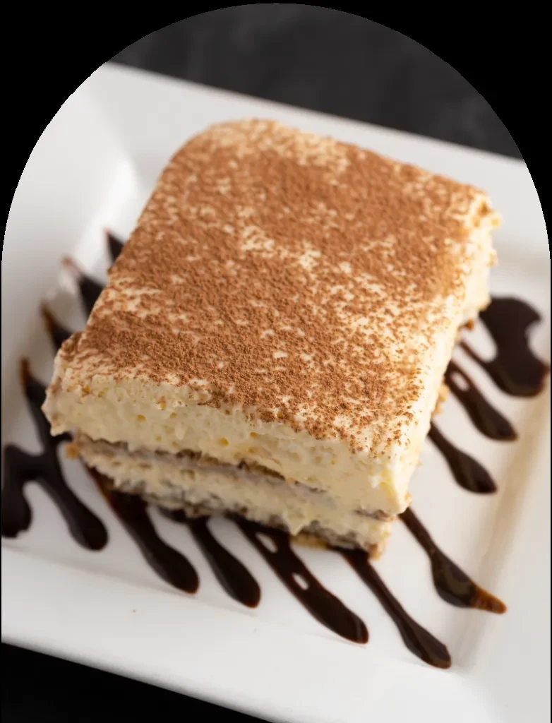 Tiramisu slice with cocoa powder on a white rectangular plate.
