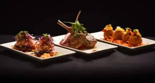 Three gourmet dishes: fish, lamb chops, and croquettes on white plates.