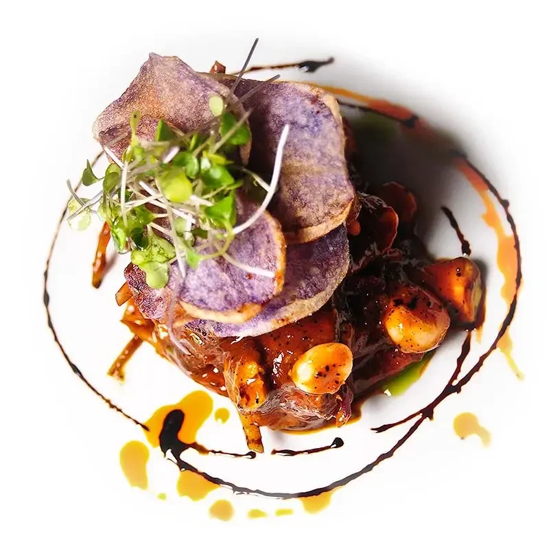 Top-down braised meat with purple chips, microgreens, and plate drizzles.