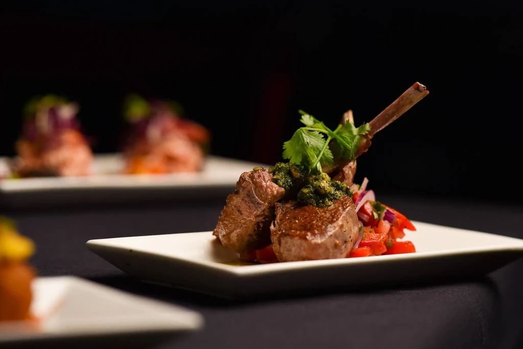Seared meat, green herb sauce, red pepper salsa on white plate.