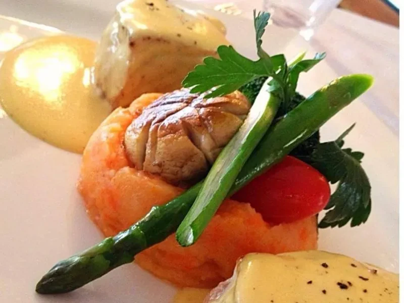Artfully plated gourmet dish with seared item, orange puree, and creamy sauce.