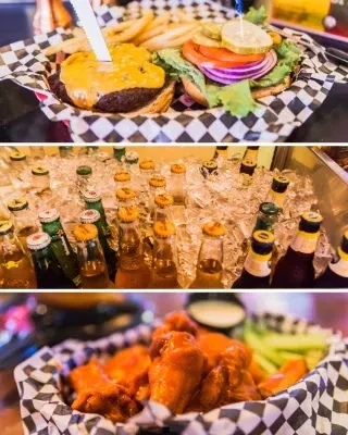 Triptych of a cheeseburger, iced drinks, and buffalo chicken wings.