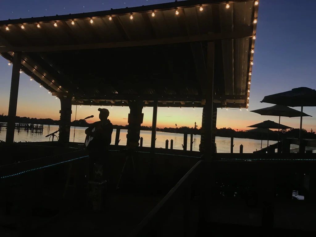 Musician silhouetted playing guitar outdoors against vibrant sunset over water.