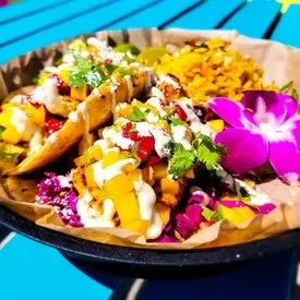 Two colorful tacos with mango, purple cabbage, rice, and an orchid.