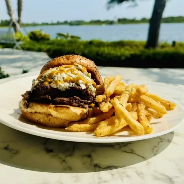 Shredded meat sandwich, fries, and coleslaw, outdoors by blue water.