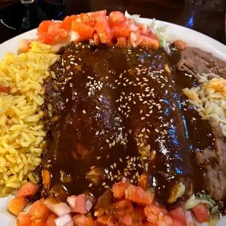 Mole enchiladas topped with sesame seeds, rice, refried beans, and tomatoes.