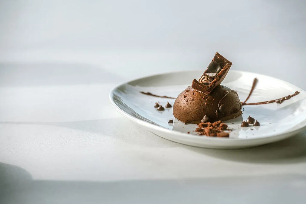 Dark chocolate dome dessert with chocolate bar and sauce on plate.