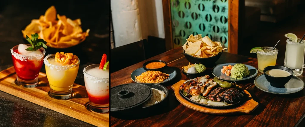 Diptych: Colorful cocktails and sizzling fajitas with sides in restaurant.