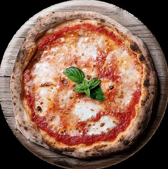 Charred Neapolitan Margherita pizza with mozzarella and basil on wood.