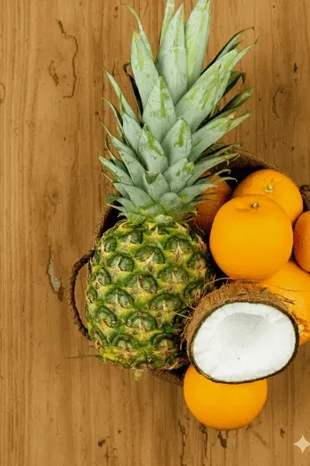 Vibrant pineapple, oranges, and halved coconut on a rustic wooden surface.
