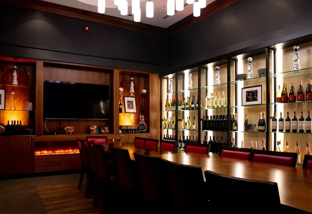 Private dining room with long table, TV, and backlit wine display.
