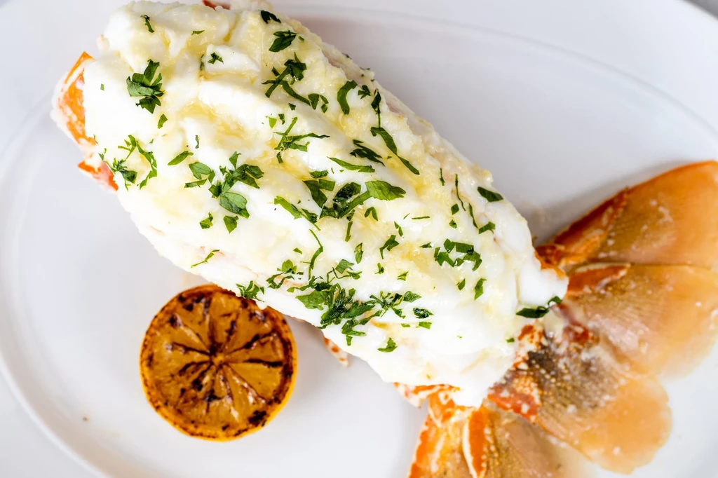 Close-up of prepared lobster tail with sauce, herbs, and grilled lemon.