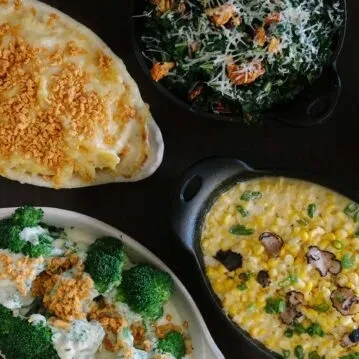Four distinct cooked side dishes: gratin, greens, creamed corn, sauced broccoli.