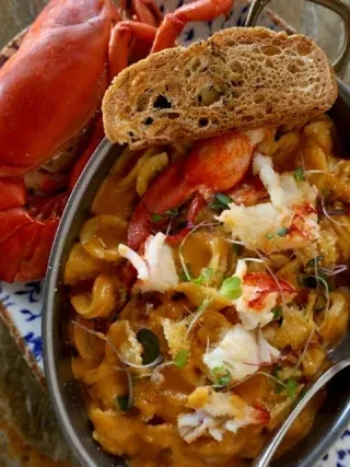 Close-up: creamy lobster pasta, microgreens, toasted bread; whole lobster visible.