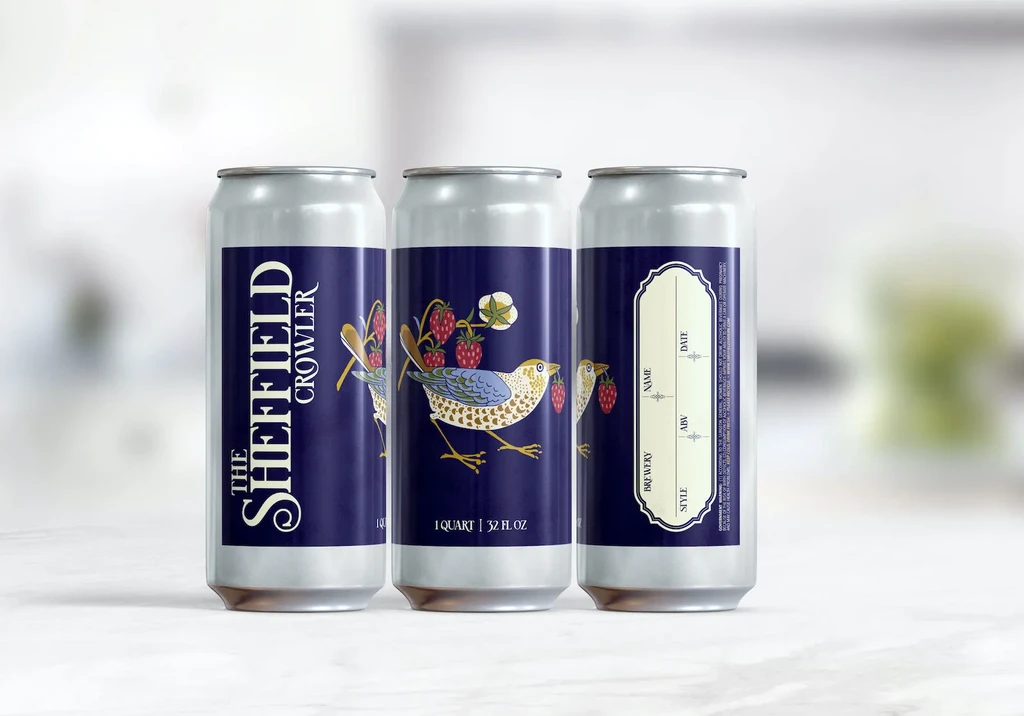 Three identical silver crowler cans with 'The Sheffield Crowler' and bird labels.