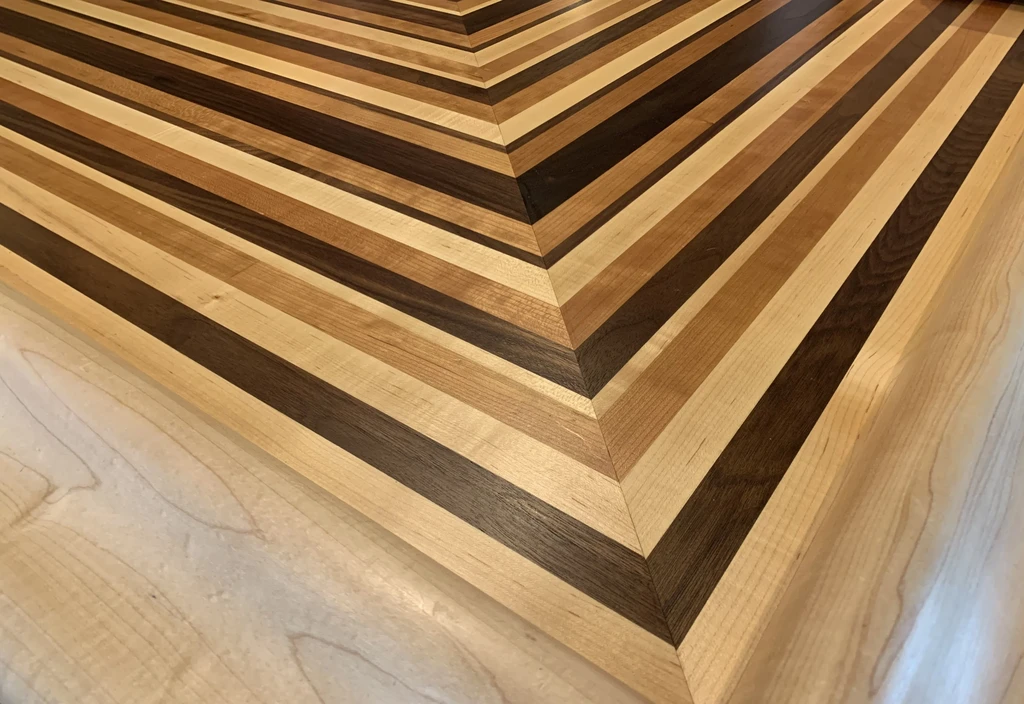 Polished wood surface displays chevron pattern of contrasting shades.