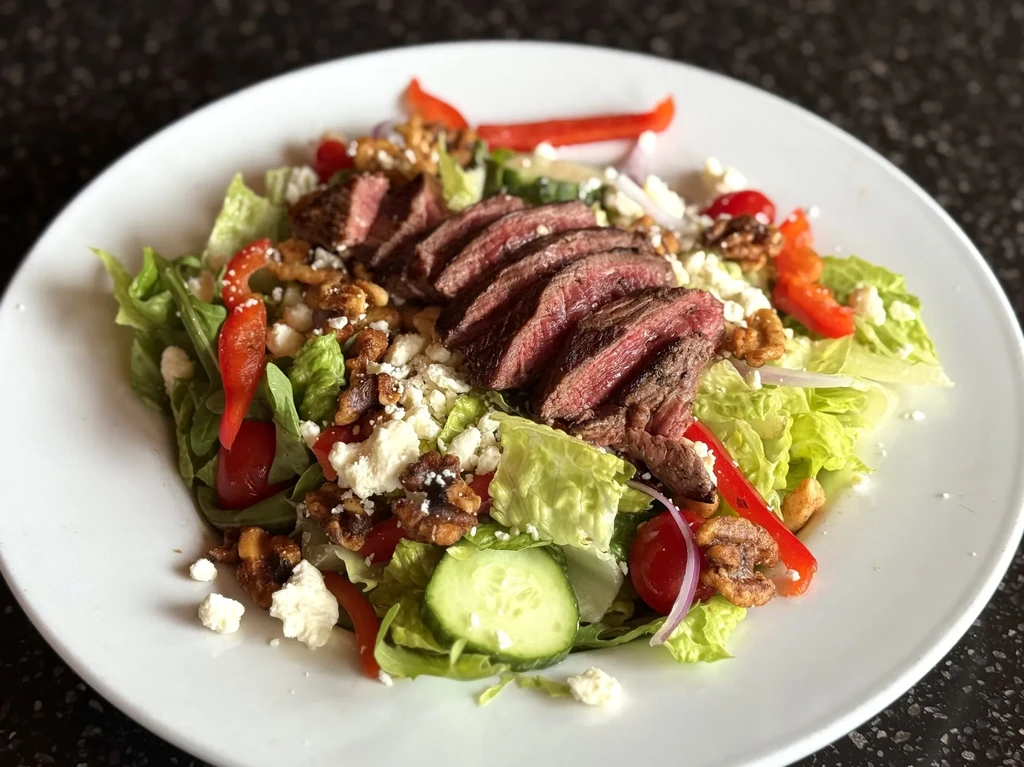 Plated medium-rare steak salad with greens, feta, and walnuts.