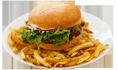 A burger with lettuce, onion, and golden fries on a white plate.