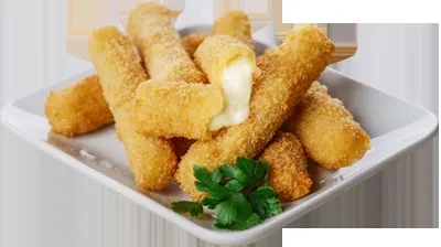 Golden-brown fried mozzarella sticks, one broken with melted cheese, and parsley.