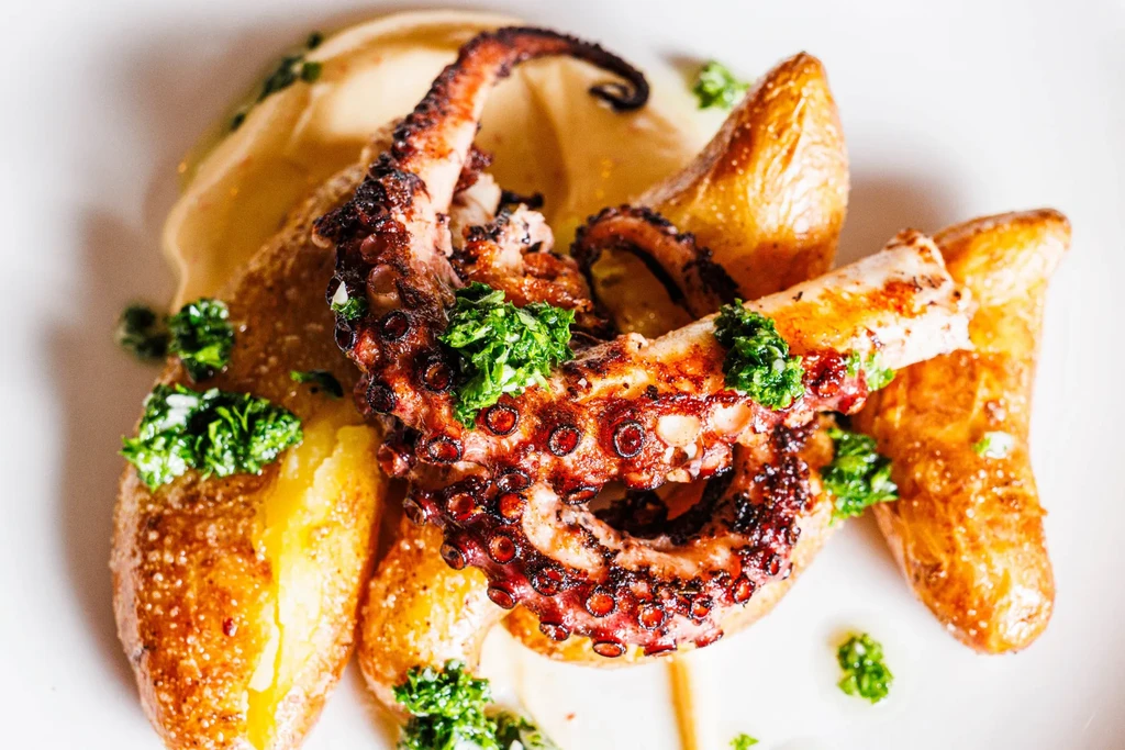Grilled octopus tentacle with potato wedges, creamy sauce, and herb oil.