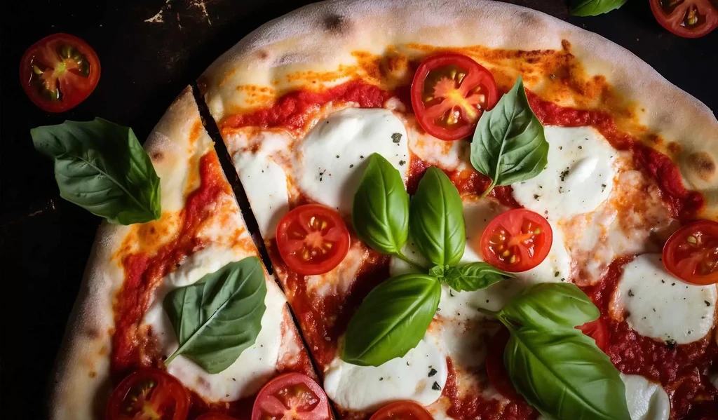 Close-up: Margherita pizza with basil, cherry tomatoes, one slice cut.