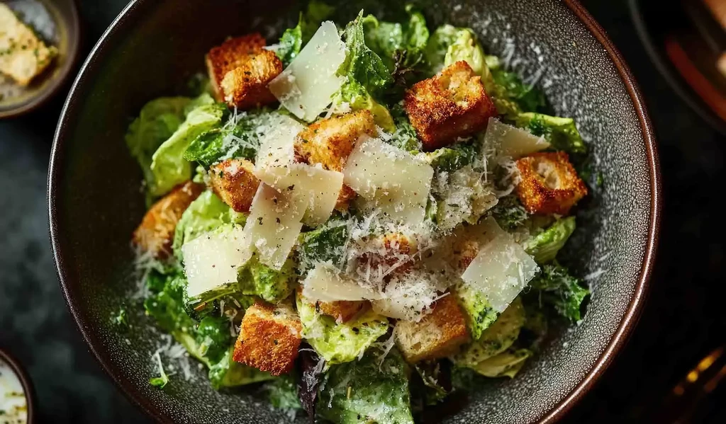 Overhead: Caesar salad with lettuce, golden croutons, and Parmesan shavings.