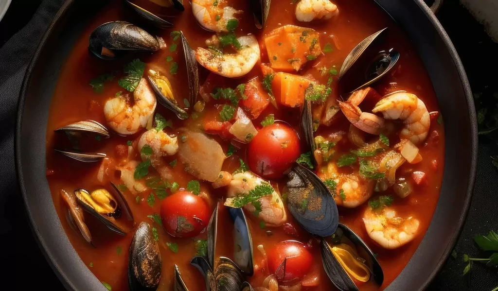 Vibrant seafood stew with shrimp, mussels, tomatoes, and fresh herbs.